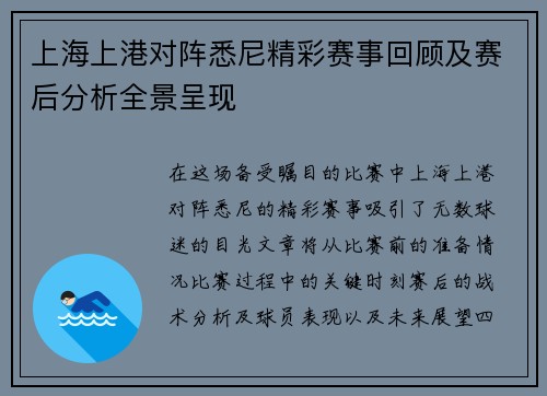 上海上港对阵悉尼精彩赛事回顾及赛后分析全景呈现