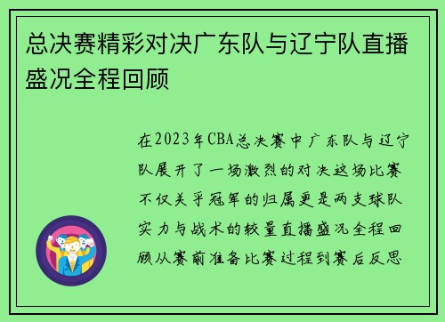 总决赛精彩对决广东队与辽宁队直播盛况全程回顾